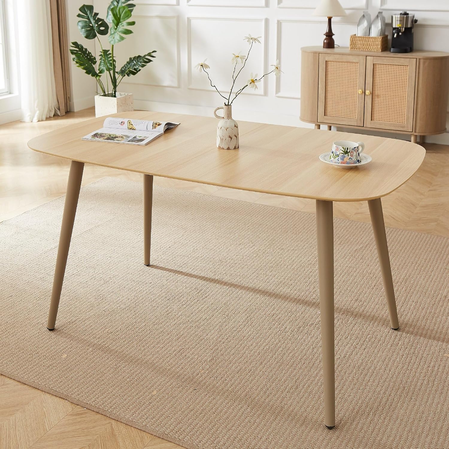 HIPIHOM 55.1'' Dining Table Set for 4,Modern Wood Dining Table,Leather Dining Chairs 4,Table and Chairs Set of 4,Ideal for Kitchen Dining Room (Natural Color Table, 55.1")