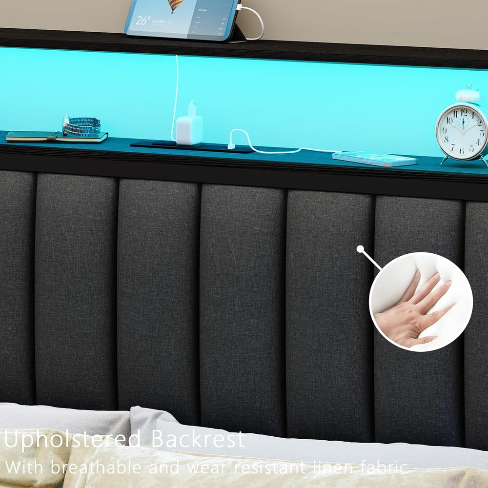 Furnulem Full Size Bed Frame with Charging Station and LED Lights