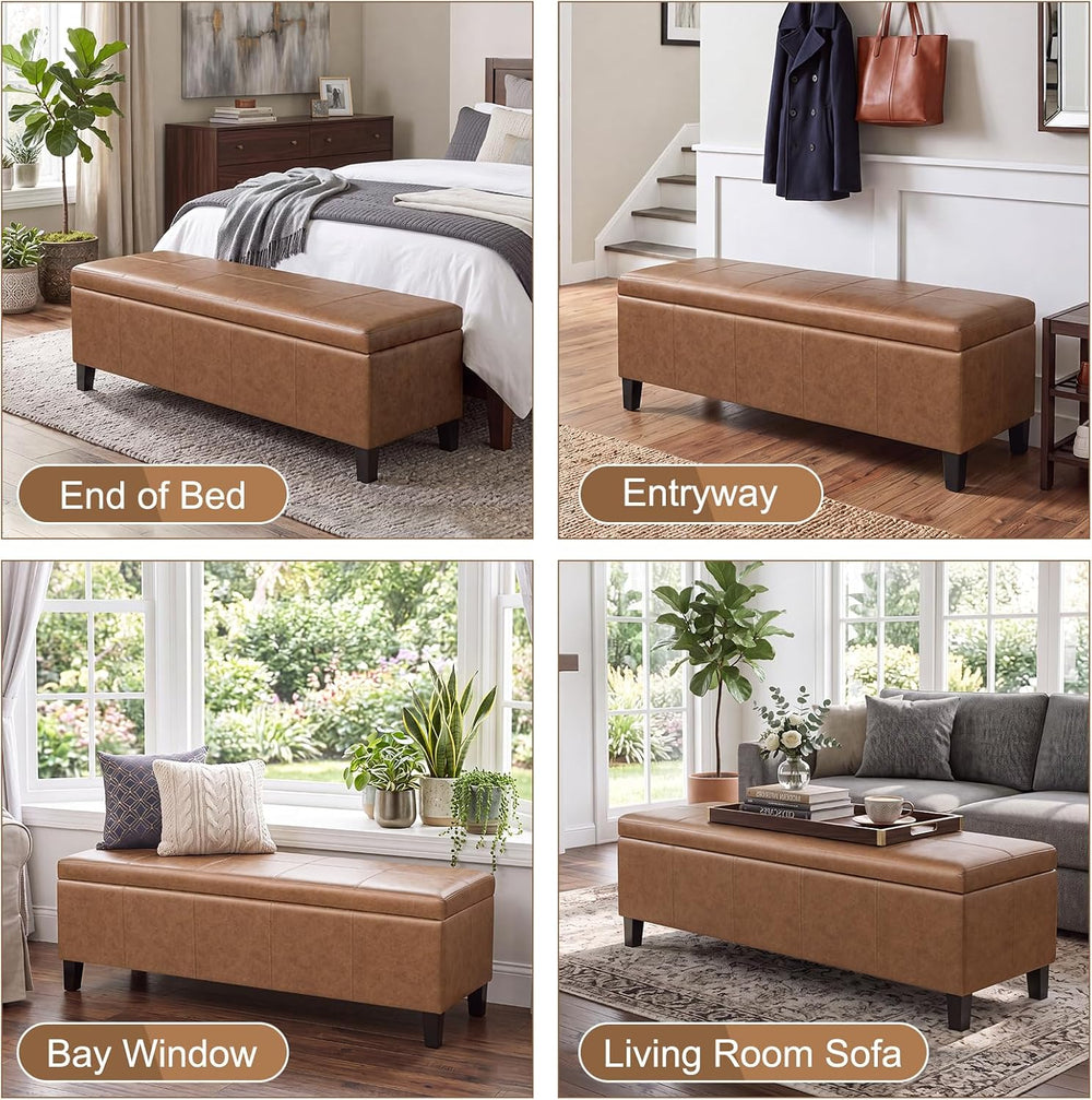 Faux Leather Storage Bench Ottoman, 50 Inch Upholstered Storage Bench with La...