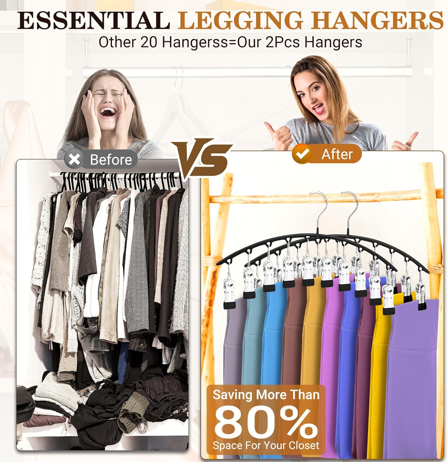 Legging Organizer for Closet, Metal Yoga Pants Hangers 2 Pack w/10 Clips Holds 20 Leggings, Space Saving, Clips Hanger for Pants, Shorts, Scarf, Hats Black
