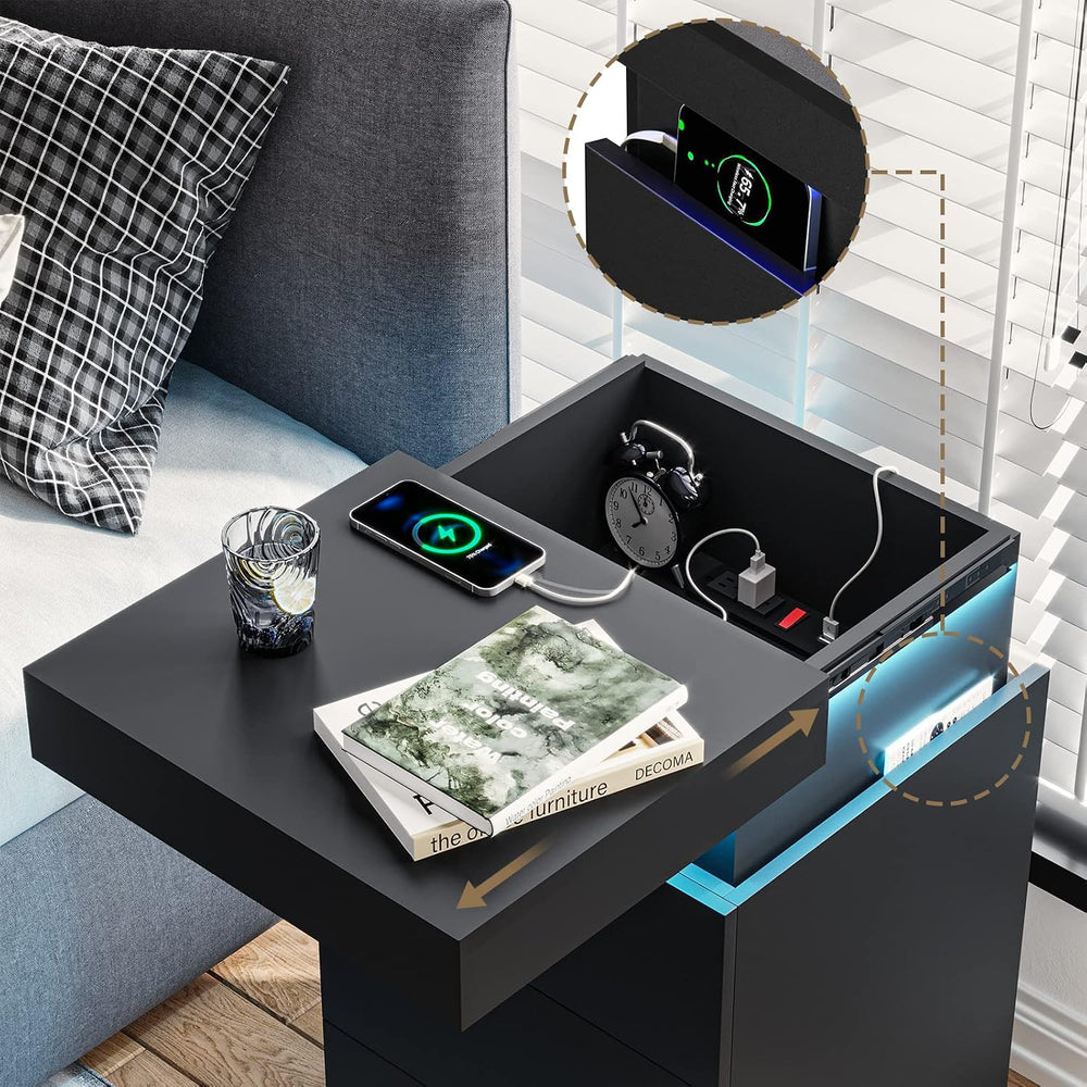 ADORNEVE Black Nightstand with Charging Station and LED Lights | Modern Night...