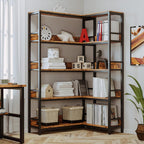 IRONCK Corner Bookshelf 5 Tiers, Industrial Corner Bookcase with Baffles Etagere, L Shaped Bookshelves with Metal Frame, Corner Shelf Storage Rack for Living Room Home Office