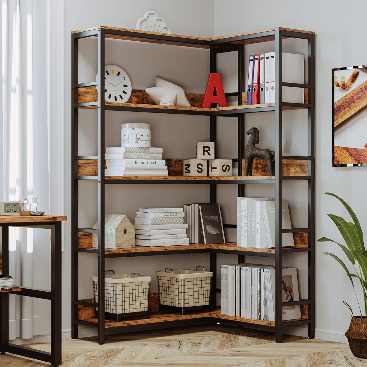 IRONCK Corner Bookshelf 5 Tiers, Industrial Corner Bookcase with Baffles Etagere, L Shaped Bookshelves with Metal Frame, Corner Shelf Storage Rack for Living Room Home Office