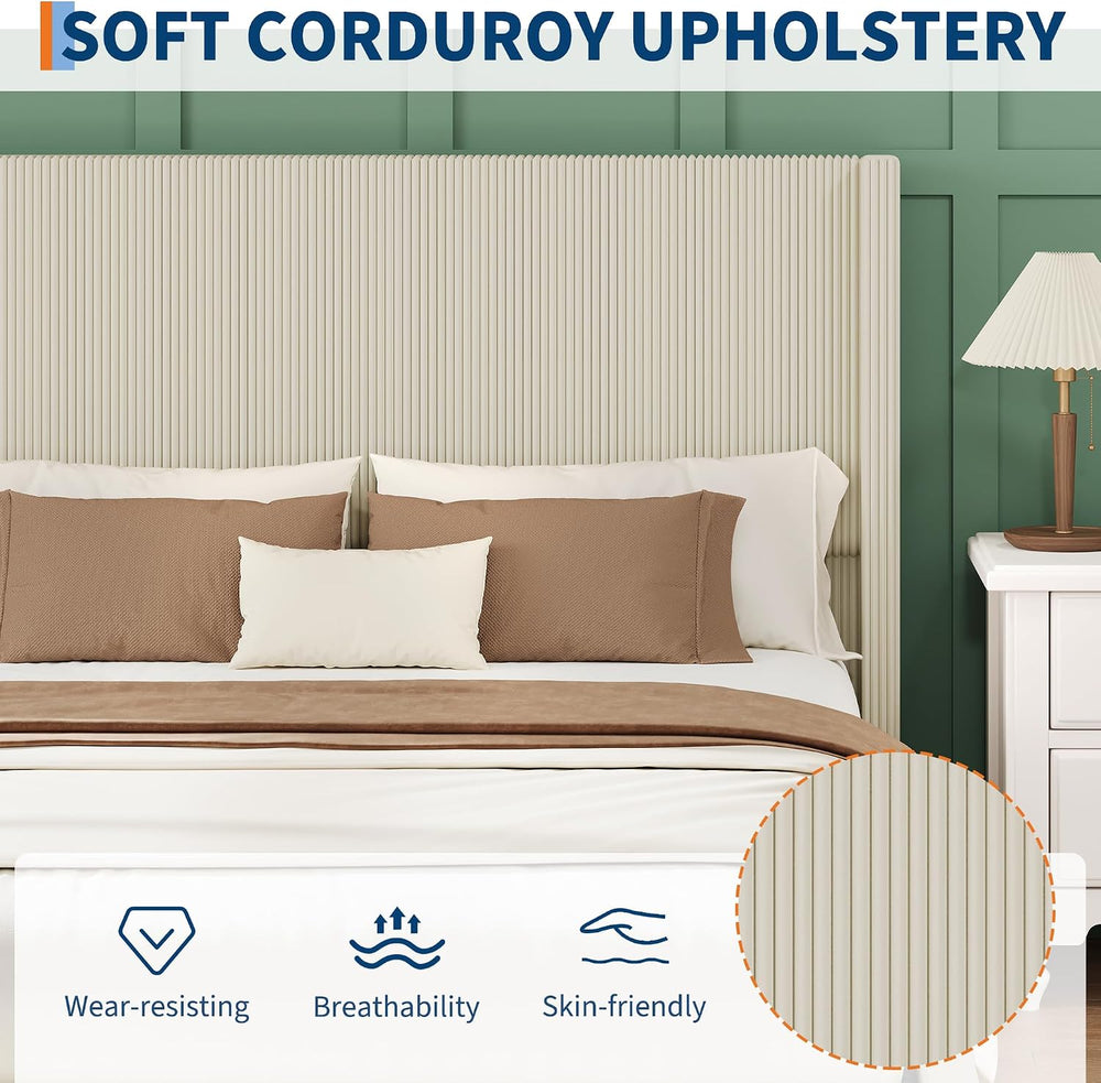 GarveeHome King Beige Storage Bed Frame, Corduroy Upholstered Platform Bedfra...