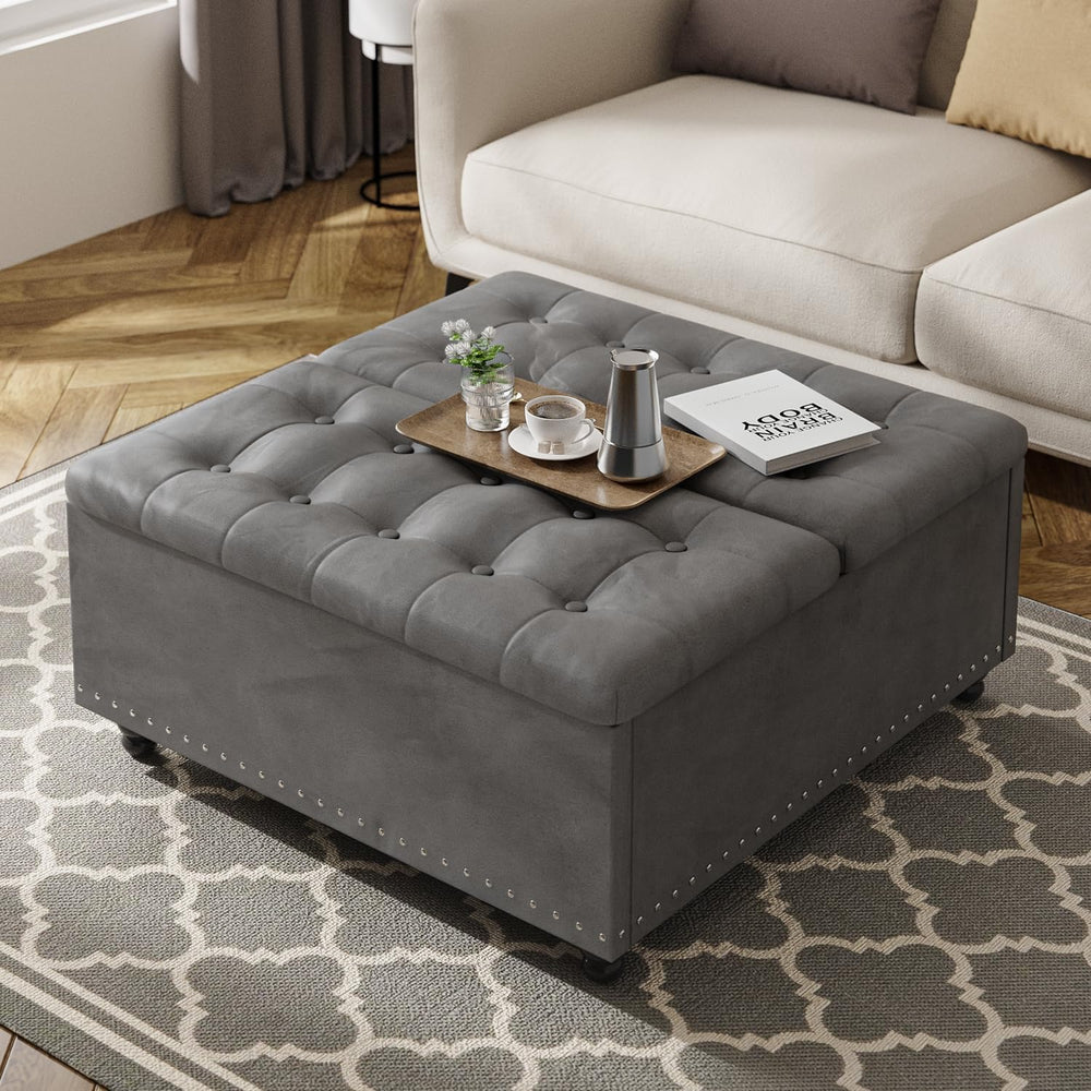 FUXA 35" Large Square Ottoman with Storage and Lift Top, Wood Legs, Gray...