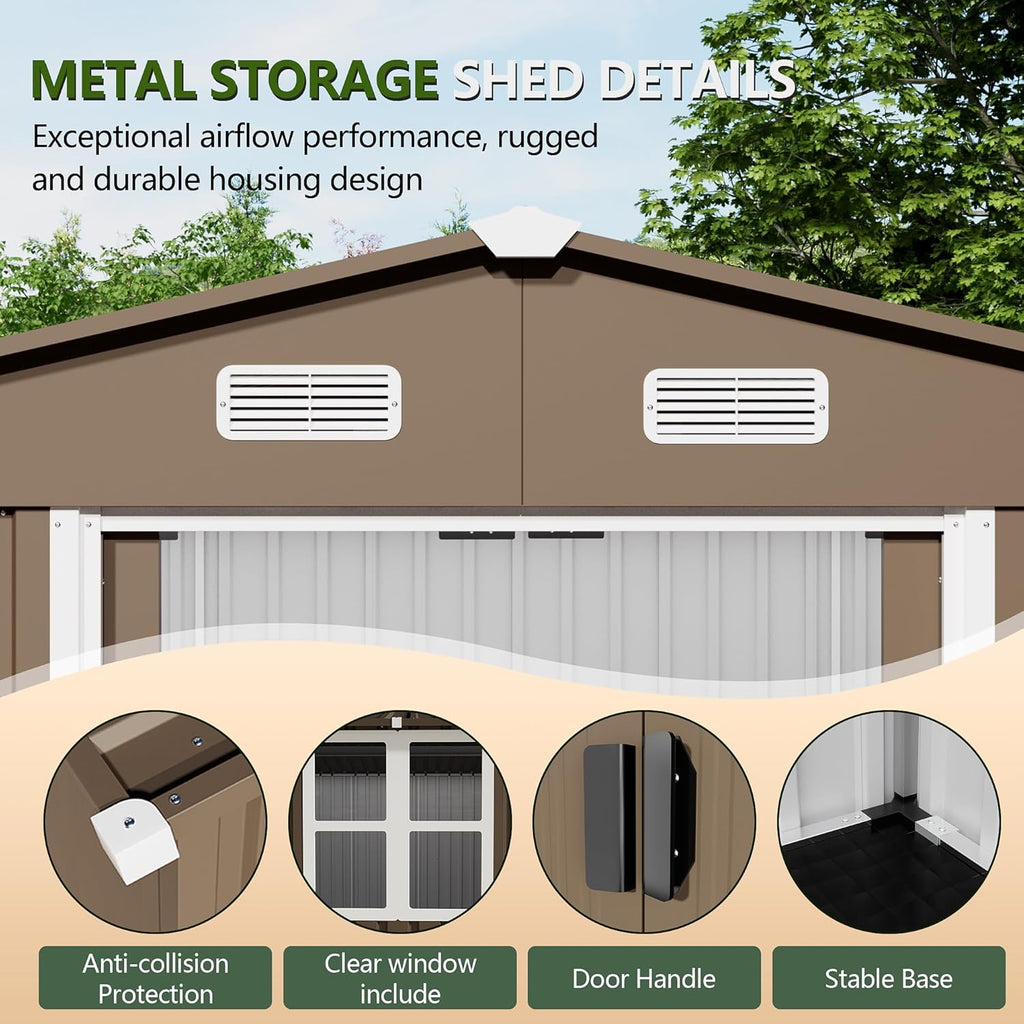 10x8FT Outdoor Storage Shed with Floor & Lockable Sliding Doors,Metal Storage Shed with 1 Air Vents,Waterproof Garden Shed for Backyard,Patio, Lawn,(Brown,Base Included)