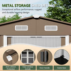 10x8FT Outdoor Storage Shed with Floor & Lockable Sliding Doors,Metal Storage Shed with 1 Air Vents,Waterproof Garden Shed for Backyard,Patio, Lawn,(Brown,Base Included)