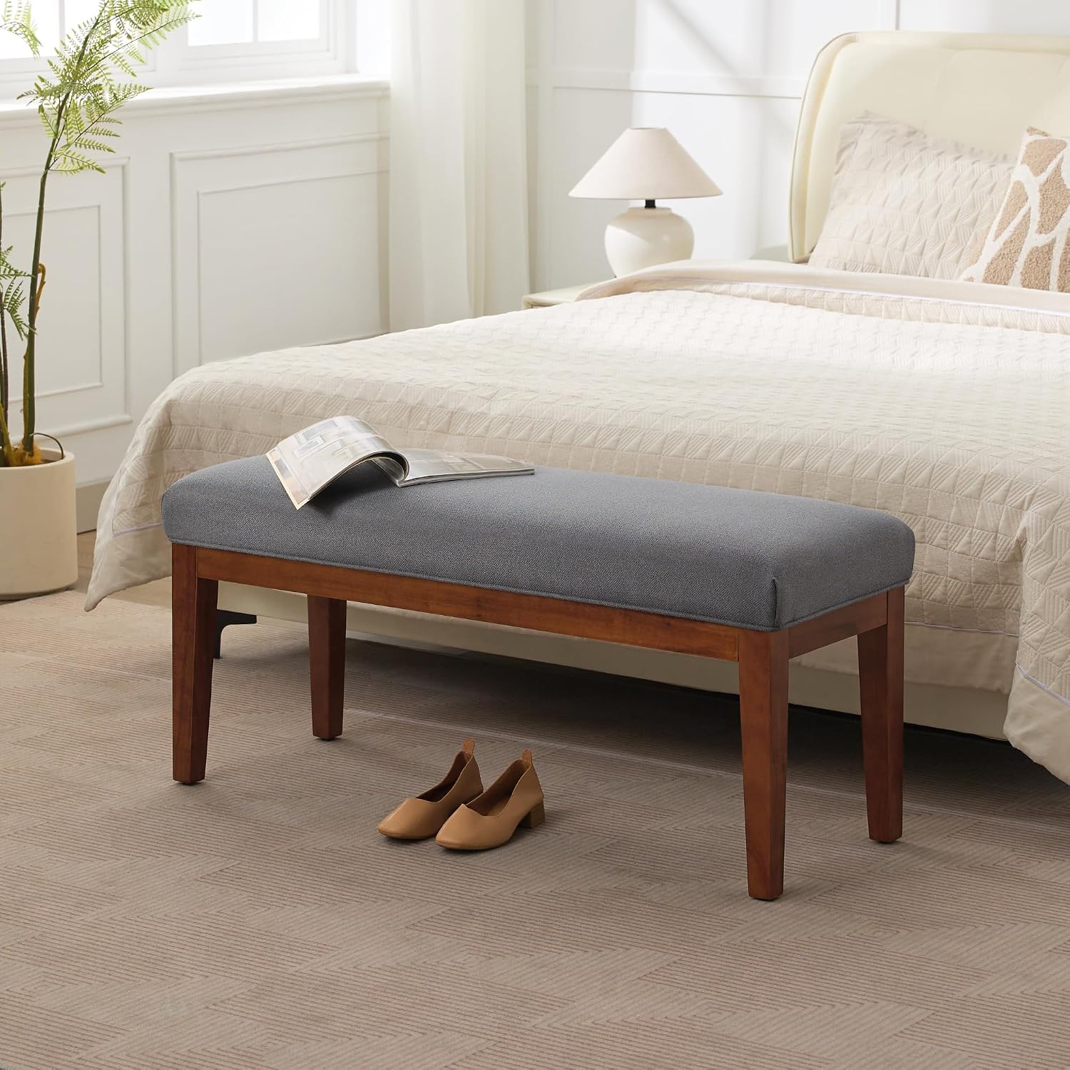 WUTUTUEE 43.5'' Linen Bedroom Bench, Upholstered End of Bed Bench, Padded Vintage Dining Bench, Entryway Bench with Solid Wood Legs, Kitchen, Living Room, Hallway, Dark Grey