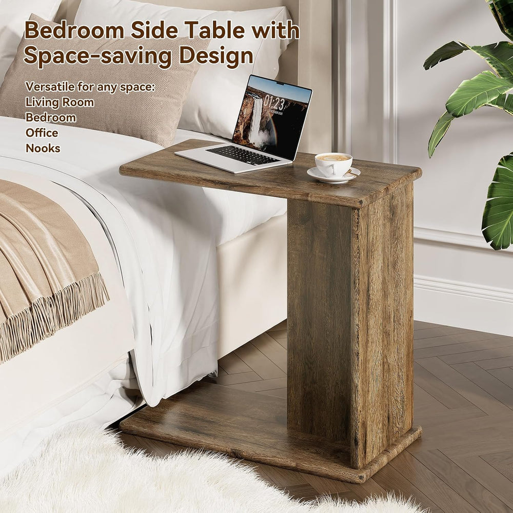 C-Shaped End Table for Couch, Small Side Table, Bedside Table for Sofa, Woode...