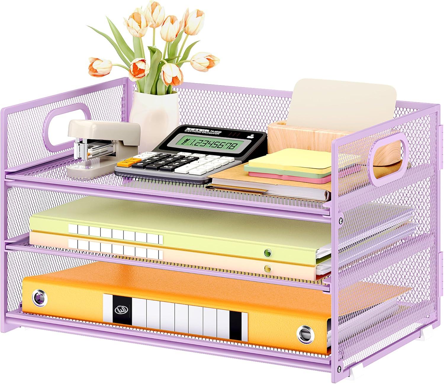 Subekyu 3 Tier Letter Tray Paper Organizer with Handle and 1 PC Sliding Tray, Purple Metal Mesh Desk File Folder Paper Sorter Organizer for Home Office School Desk Supplies Organization Storage