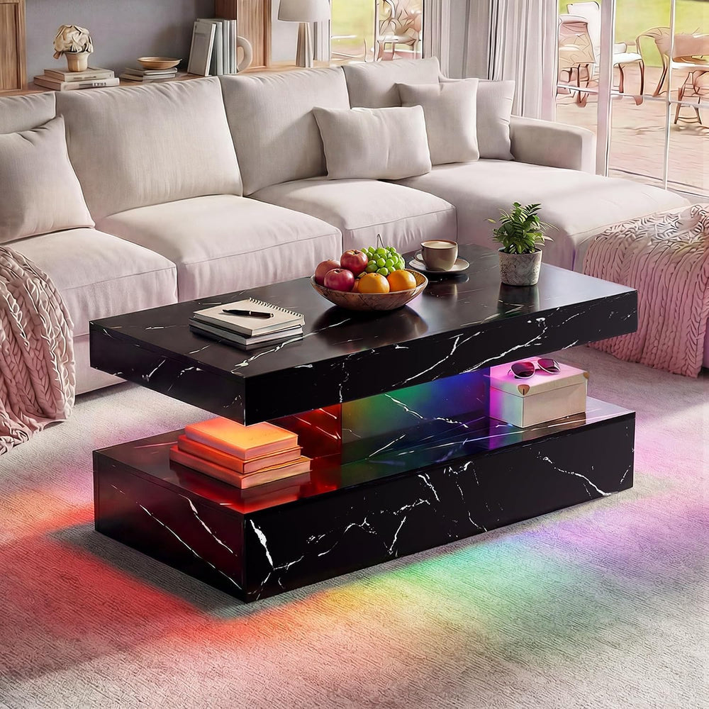 40" Modern Coffee Table with Storage Shelf, Faux Marble Fixed‑Top Center...