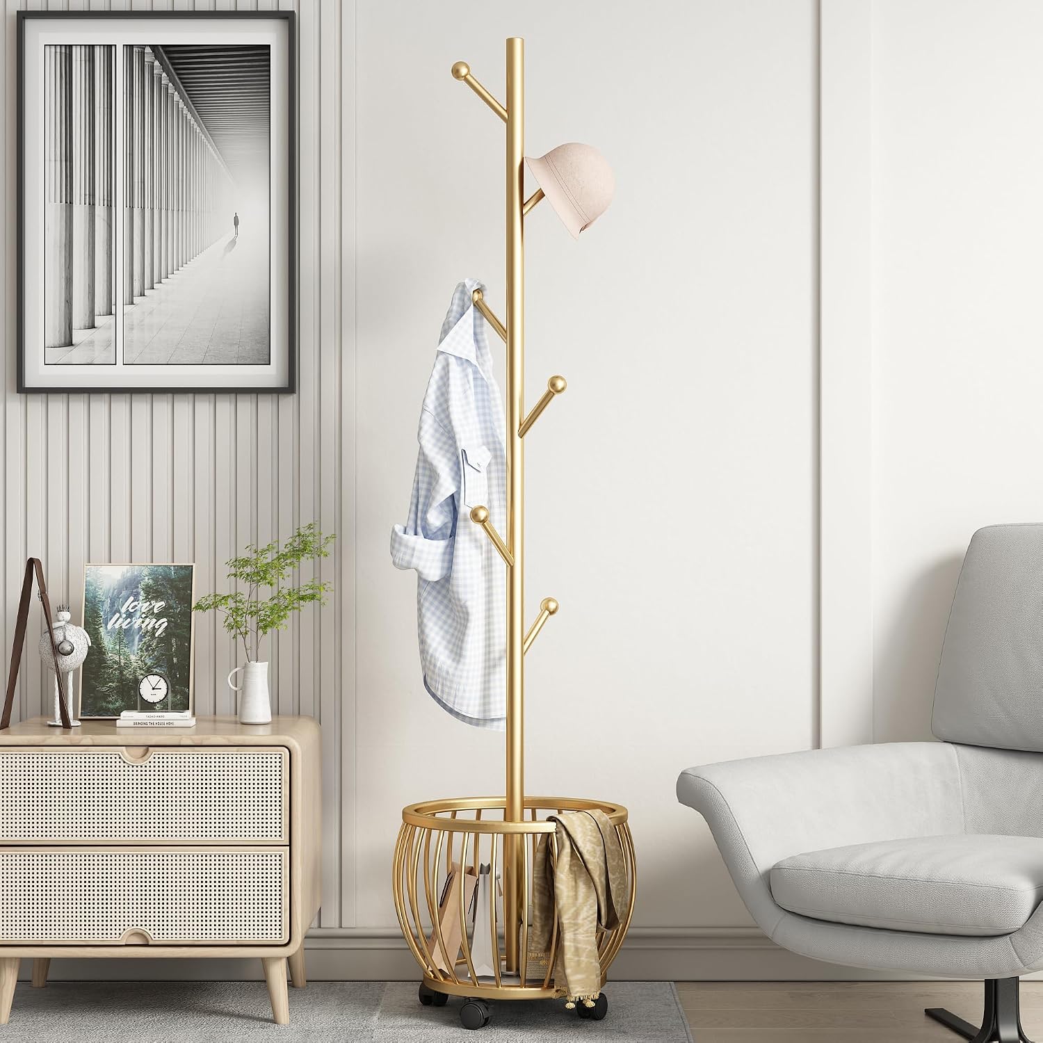Coat Rack Freestanding Coat Stand with Basket 6 Hooks Wheels,Gold | Metal Coat Rack Stand Coat Tree for Home Entryway Bedroom Living Room Office Corner Modern Organizer for Scarf Jacket Hat Bag