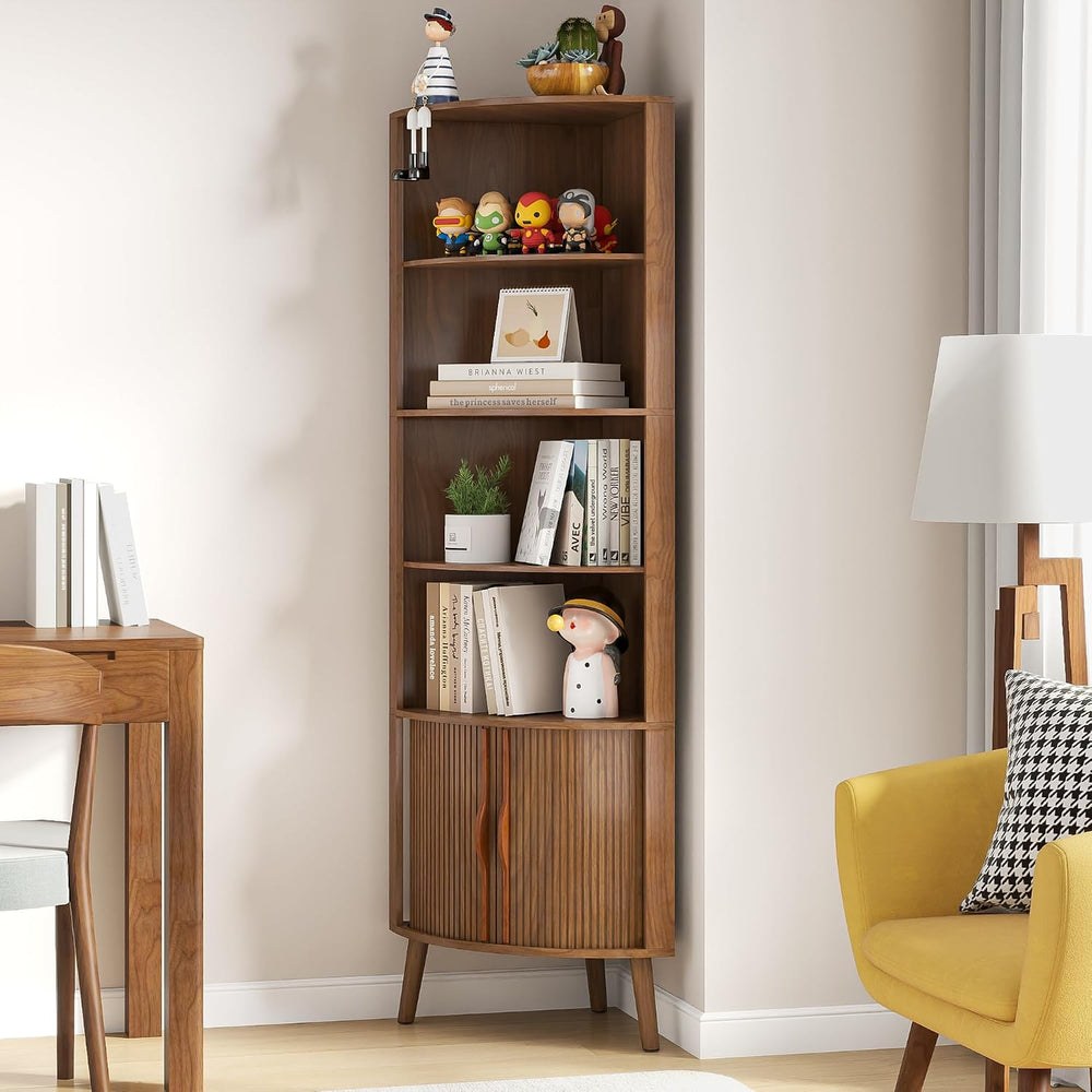 66'' Tall Corner Bookshelf with 2 Fluted Sliding Doors,Walnut