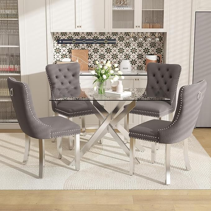 51 Inch Glass Dining Table Set for 4, Rectangular Glass Kitchen Table with 4 Upholstered Velvet Accent Chairs, 5 Piece Modern Dining Room Set, for Home, Apartment, Small Spaces - Grey Silver