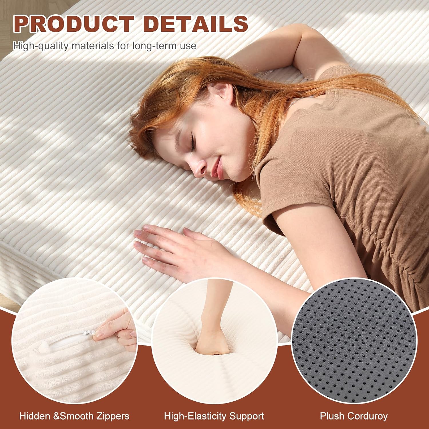6-Inch Tri-Fold Foldable Mattress, Folding Sofa Bed with Removable Washable Cover, Portable Futon Mattress Full Size Floor Guest Mat with Non-Slip Bottom & Carry Handles for Camping (Beige, Queen)