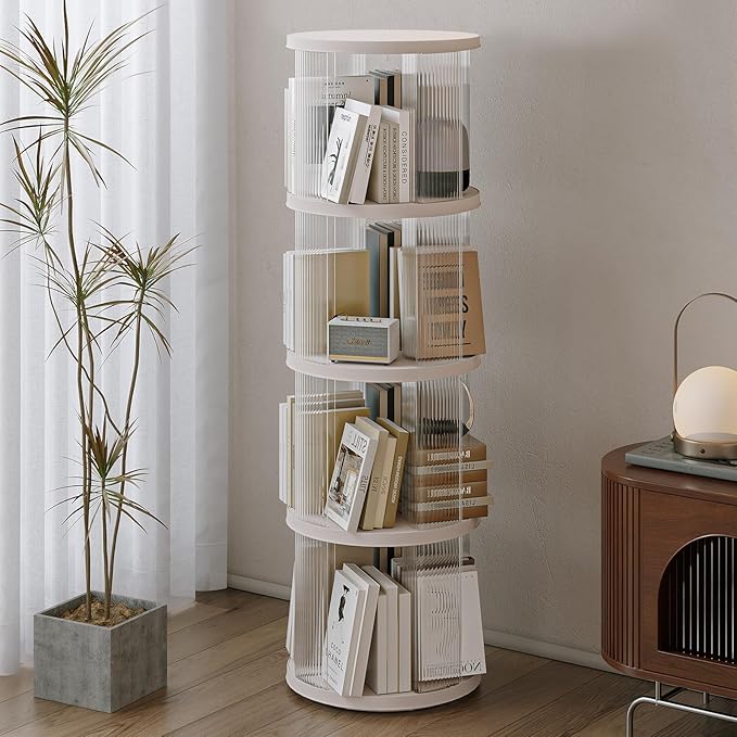 4 Tier Rotating Bookshelf Spinning Bookshelf Tower Swivel Bookcase Round Book Shelf for Small Space Revolving Bookcase for Playroom Bedroom Living Room