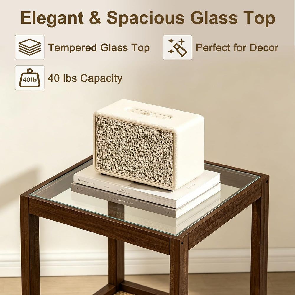 wanan Solid Wood End Tables Set of 2, Boho Rattan Nightstand with Glass Top &...