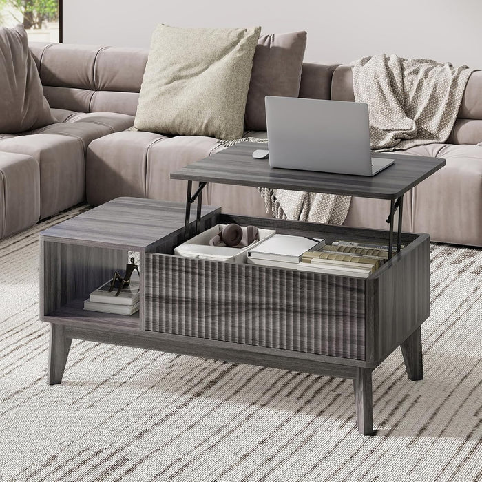 LYNCOHOME Fluted Lift Top Coffee Table with Storage,Modern Center Table for Living Room, Home Office（Grey）