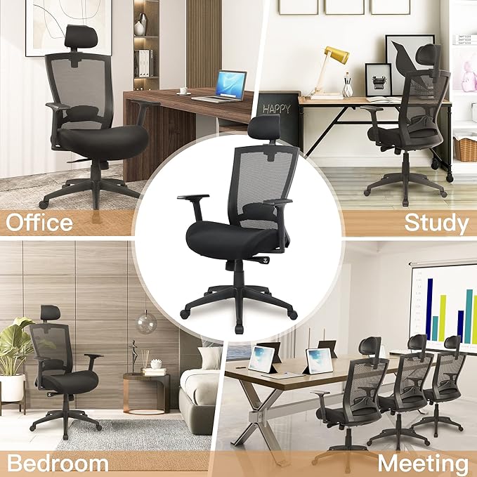 Ergonomic Office Chair for Big and Tall People, 400lb Computer Desk Chair with Adjustable 2D Headrest, Lumbar Support & Armrests, 5 Inch Thick Foam Cushion Seat, Mesh Rolling Chair for Work & Gaming