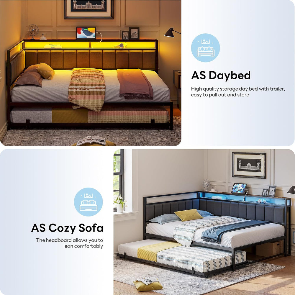 LIKIMIO Full Daybed with Trundle, Charging Station & LED, Black
