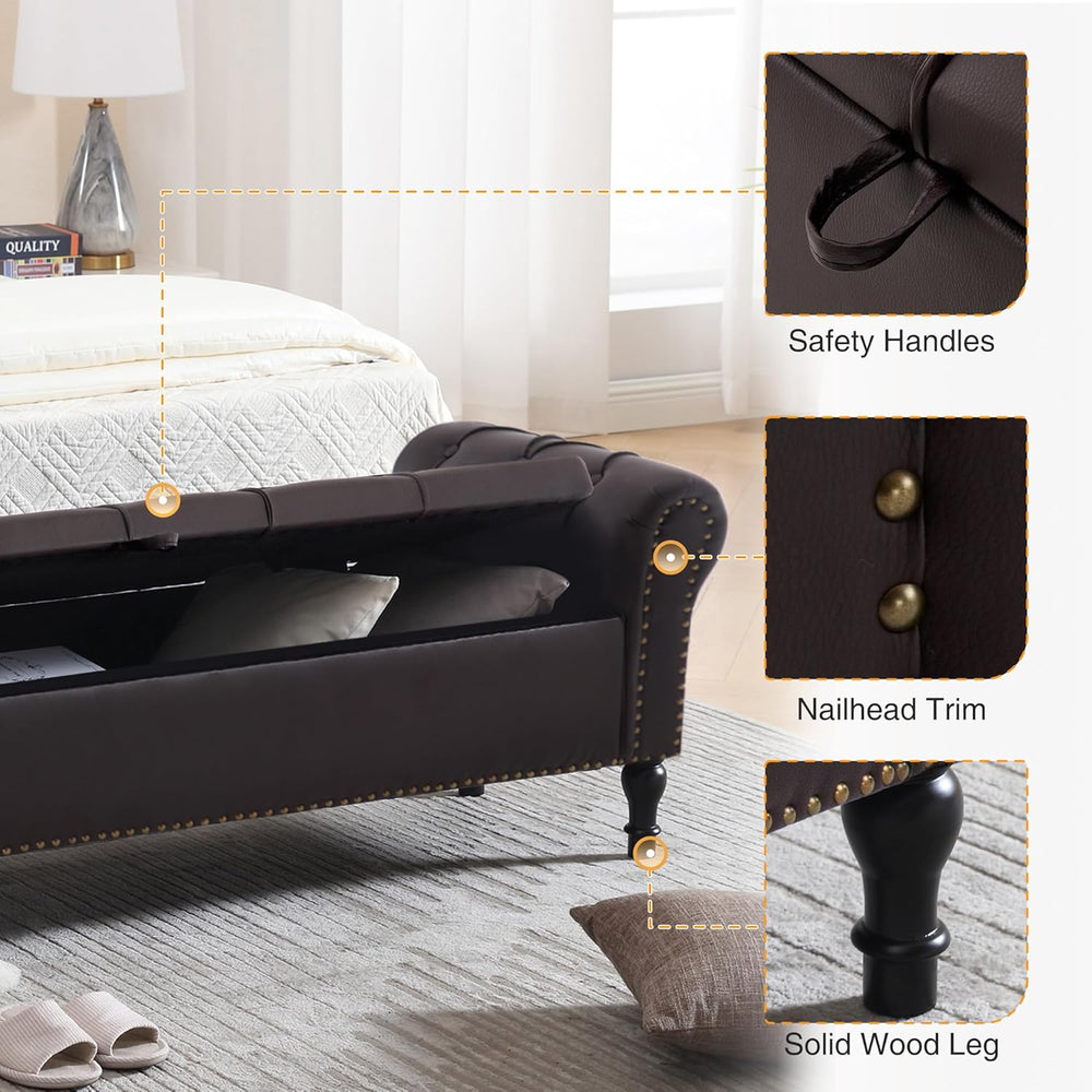 Faux Leather Storage Bench 67 Inch Upholstered Tufted Ottoman Bench with Arms...