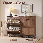 Fluted Shoe Cabinet Storage for Entryway – Narrow Shoe Rack with 2 Flip Drawers & 2 Storage Drawers, Freestanding Hidden Shoe Organizer for Foyer, Hallway (Walnut)