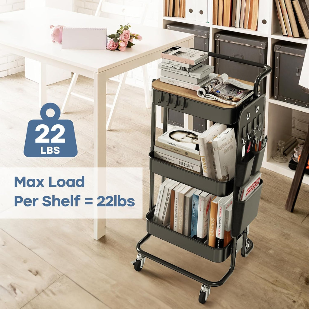 DTK 3 Tier Metal Utility Rolling Cart with Table Top and Side Bags, Tray Storage Organizer Wheels, Art Craft 4 Hooks for Kitchen Bathroom Office Living Room (Black)