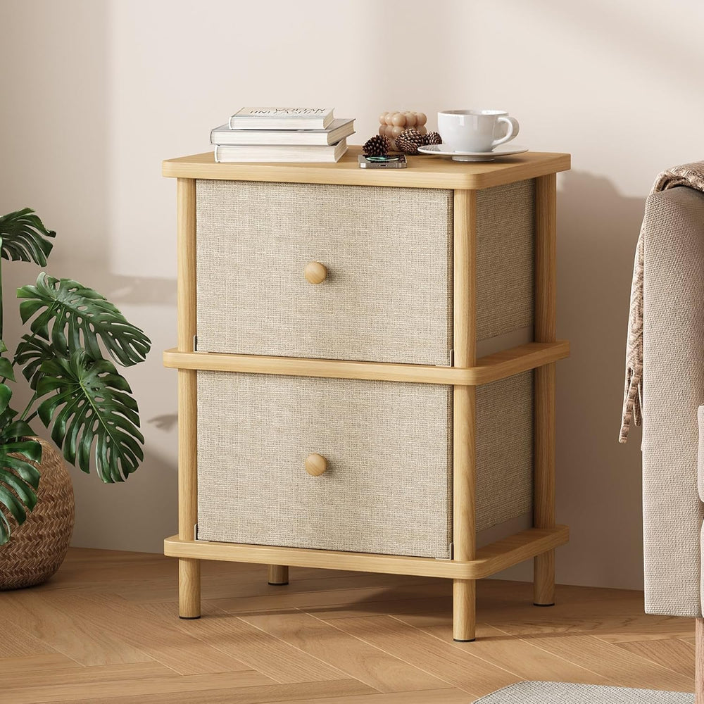Apicizon Nightstand with 2 Storage Drawers, Boho Side Table with Solid Wood L...