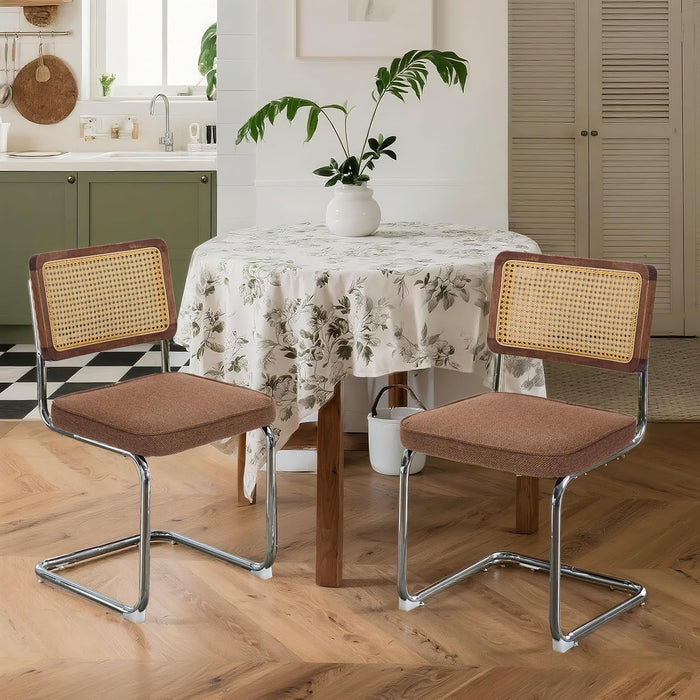 Linen Dining Chairs Set of 2 Handwoven Rattan Back Upholstered Seat&Chrome Base Mid Century Kitchen Chair,for Dining Room,Living Room,Bedroom,Coffee