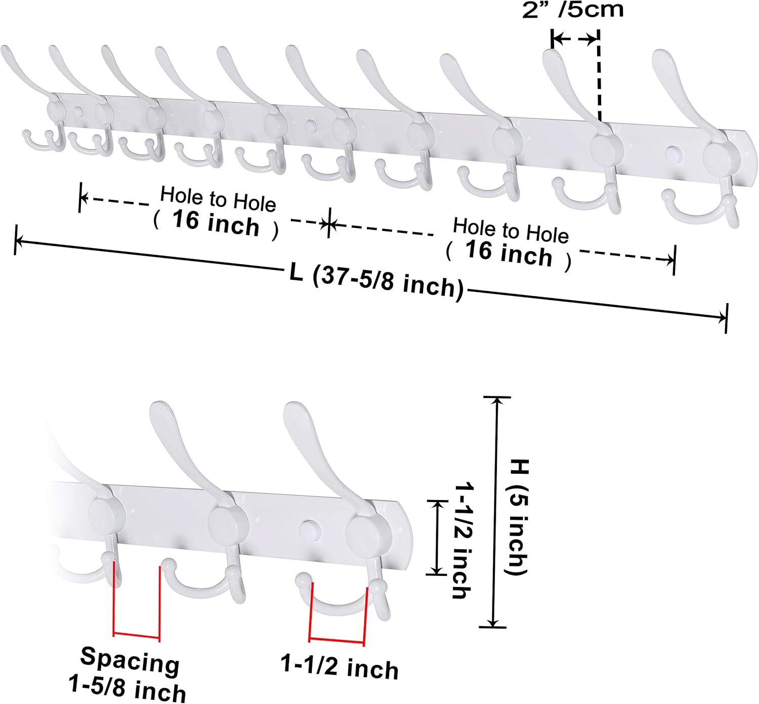 Dseap Coat Rack Wall Mount - 38” Long 10-Tri-Hooks Heavy Duty Coat Hanger Rail Wall Hooks for Hanging Coats Hats Clothing Clothes Purse Mudroom Entryway, White, Pack of 2
