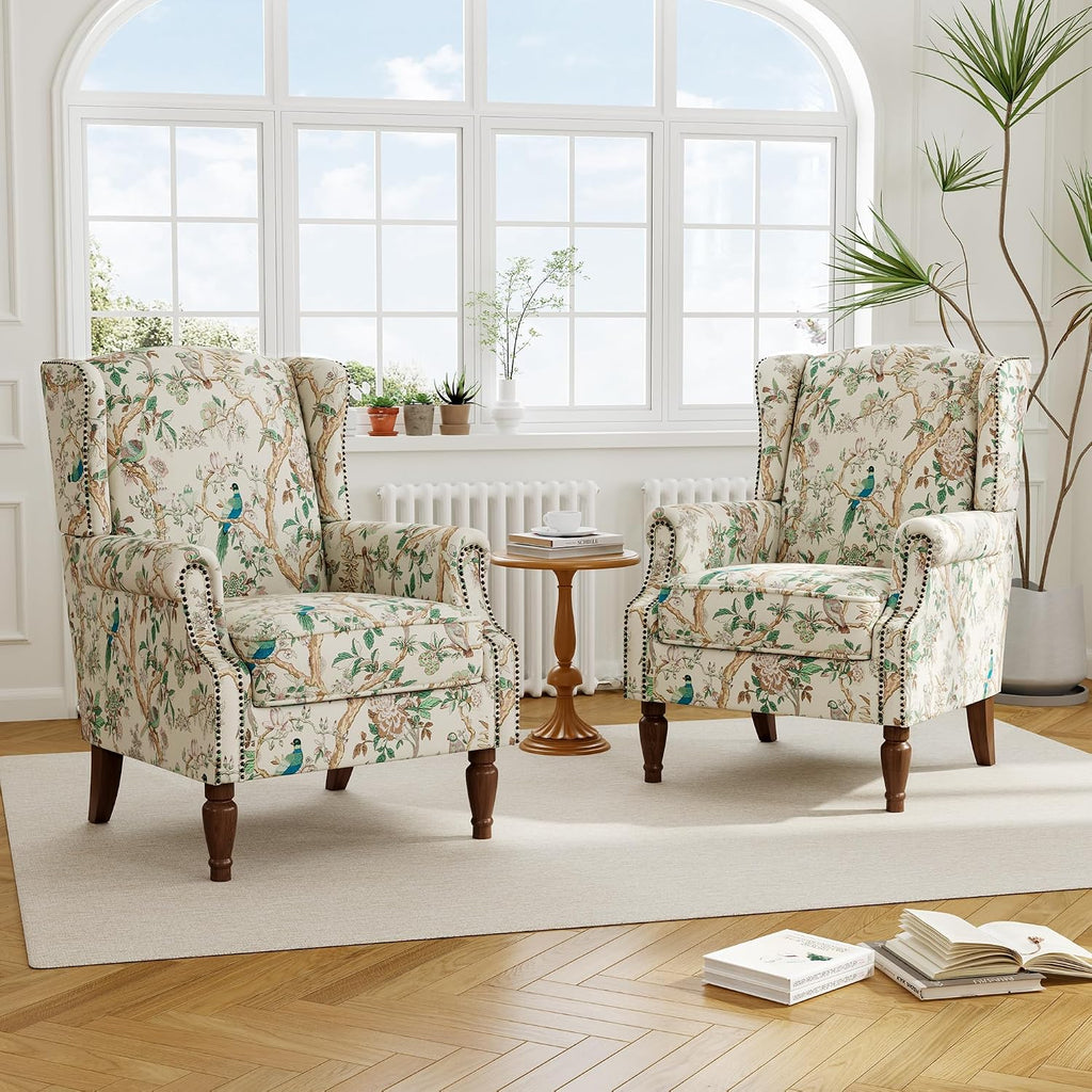 Wingback Accent Chair with Wood Legs, Bird, Set of 1 | High Back with Side Wings | Armrest Nailhead Trim | Solid Wood Frame | High-Density Foam Cushion | For Living Room & Bedroom