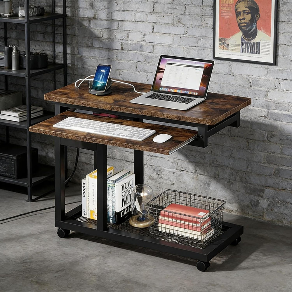Side Table with Wheels, Mobile C Table,Narrow Desk,Convenient Charging Station