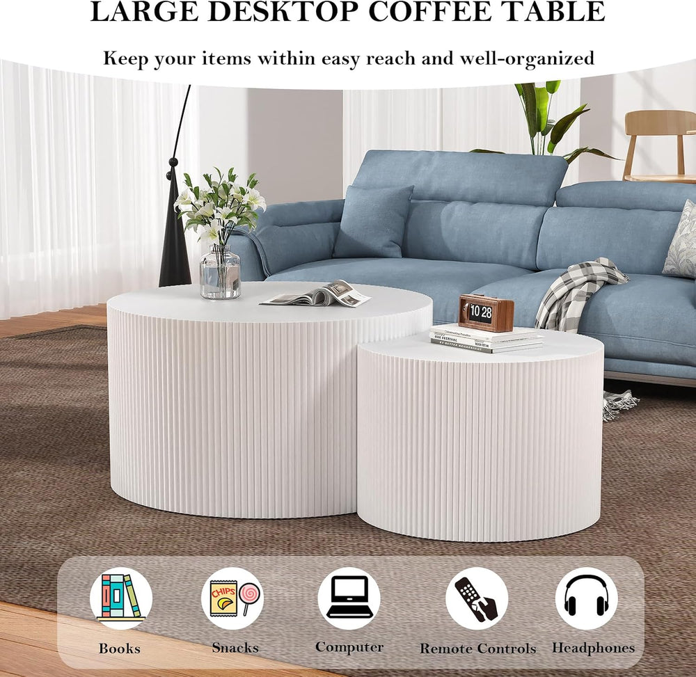 Fluted Round Nesting Coffee Table Set of 2 (AL) | Mid Century Minimalist Circ...