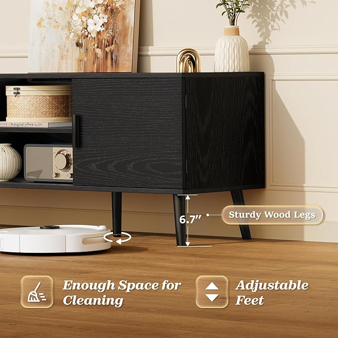 SUPERJARE TV Stand for 55 Inch TV, Entertainment Center with Adjustable Shelf, 2 Cabinets, TV Console Table, Media Console, Solid Wood Feet, Cord Holes, for Living Room, Bedroom, Black