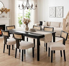 Upholstered Farmhouse Dining Chairs Set of 4 Mid Century Modern Dining Room Chairs Rattan Linen Kitchen Chairs Armless Side Chairs with Black Wood Frame/Rattan Back for Living Room,Beige
