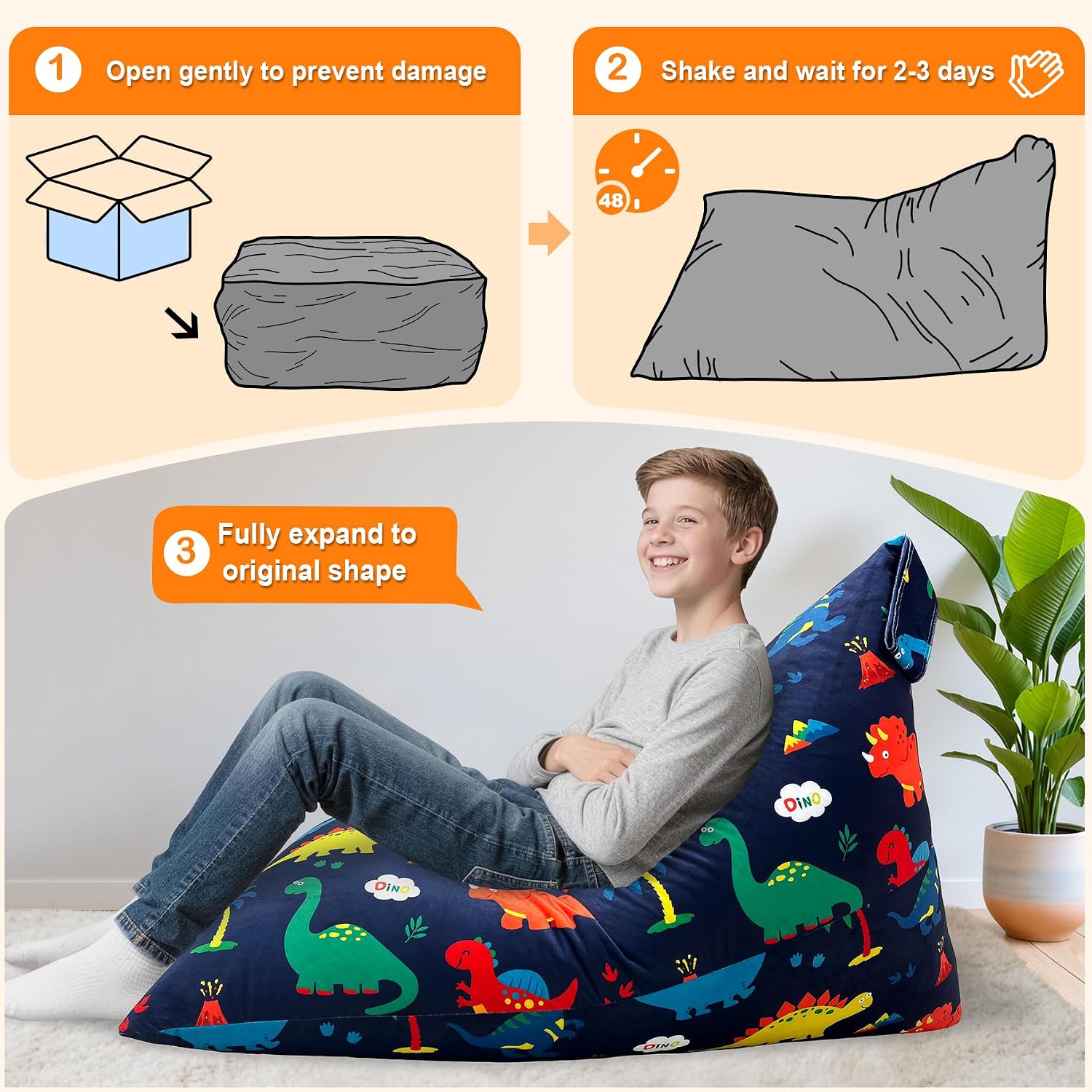 Lukeight Dinosaur Bean Bag Chair for Kids Teens Adults, Memory Foam Bean Bag Sofa with Removable Cover, Cozy Beanbag Chair for Living Room, Lazy Sofa for Gaming and Reading, Large