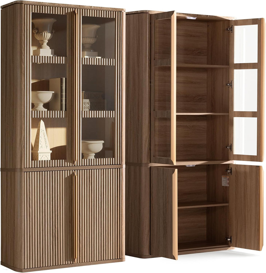77" Tall Pantry Cabinets with Glass Doors, Fluted Storage Cabinet, Oak 2pcs | Wooden Kitchen Food Cupboard, Adjustable Shelves, Modern Display Storage Closet for Living Room, Dining Room, Office
