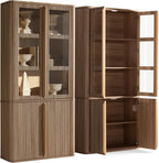 77" Tall Pantry Cabinets with Glass Doors, Fluted Storage Cabinet, Oak 2pcs | Wooden Kitchen Food Cupboard, Adjustable Shelves, Modern Display Storage Closet for Living Room, Dining Room, Office
