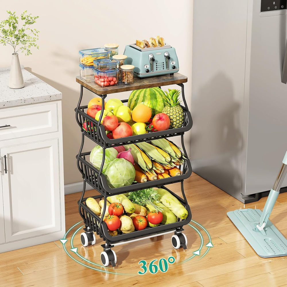 SAYZH 4-Tier Fruit and Vegetable Basket Stand for Kitchen, Wood Top, Black | ...