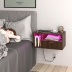 Veegle Floating Nightstand with Charging Station and LED Lights, Walnut Brown