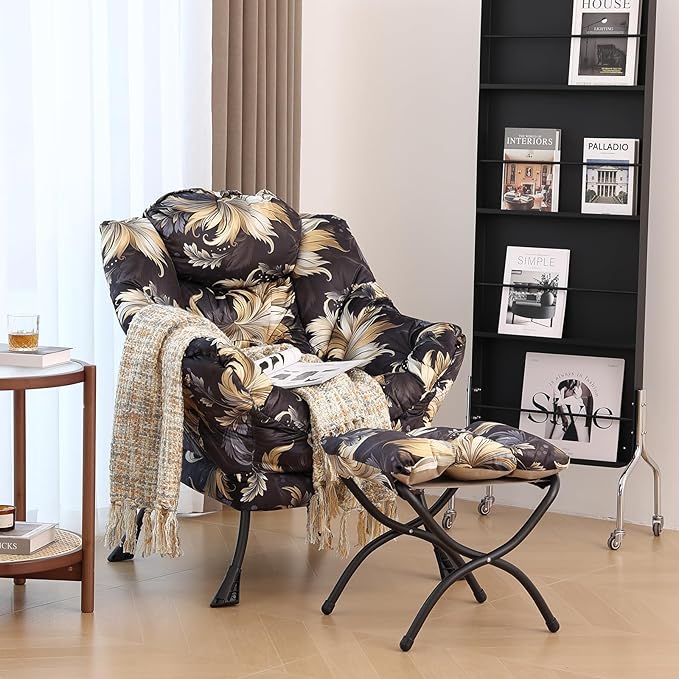 Tiita Lazy Chair with Ottoman, Modern Large Accent Lounge Chair, Leisure Sofa Armchair with Ottoman, Reading Chair with Footrest for Bedroom, Living Room, Dorm Rooms, Garden and Courtyard