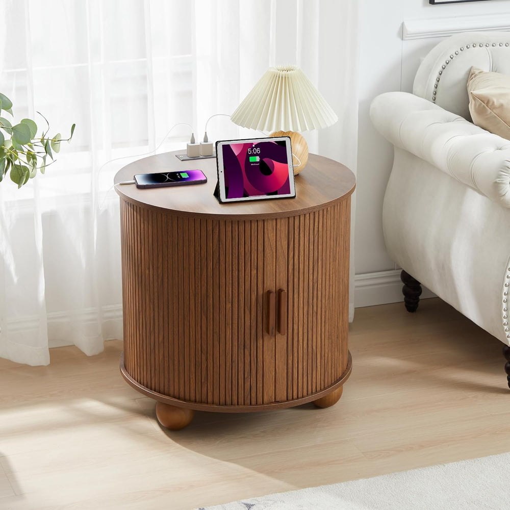 AVZEAR 24" Large Round End Table with Charging Station, Farmhouse Fluted...