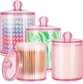 Tbestmax 12 oz & 10 oz Qtip Holder - 4 Pack Restroom Bathroom Organizers and Storage Containers, Pink Plastic Apothecary Jars with Lids for Cotton Swab, Cotton Round Pads, Floss
