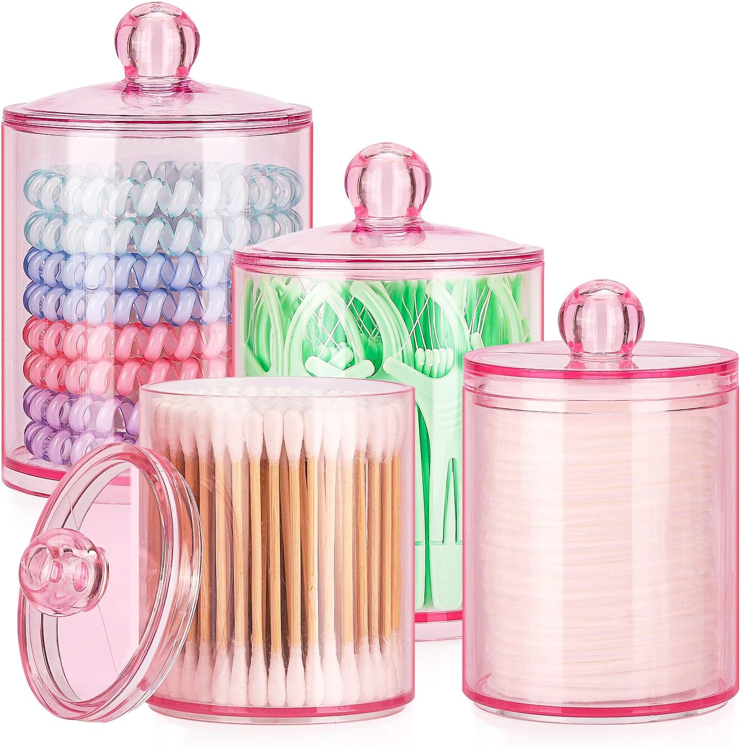 Tbestmax 12 oz & 10 oz Qtip Holder - 4 Pack Restroom Bathroom Organizers and Storage Containers, Pink Plastic Apothecary Jars with Lids for Cotton Swab, Cotton Round Pads, Floss
