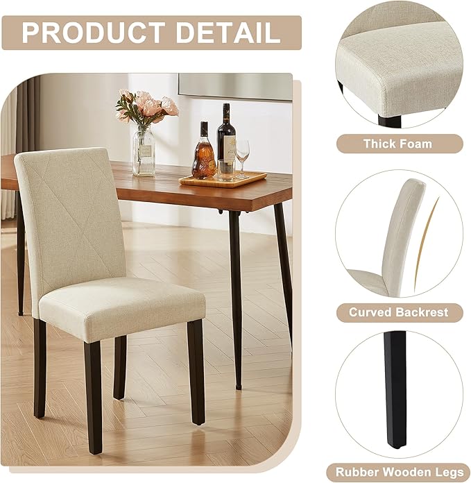 VECELO Upholstered Dining Chairs Set of 2, Modern Fabric and Solid Wood Legs & High Back for Kitchen/Living Room- Beige