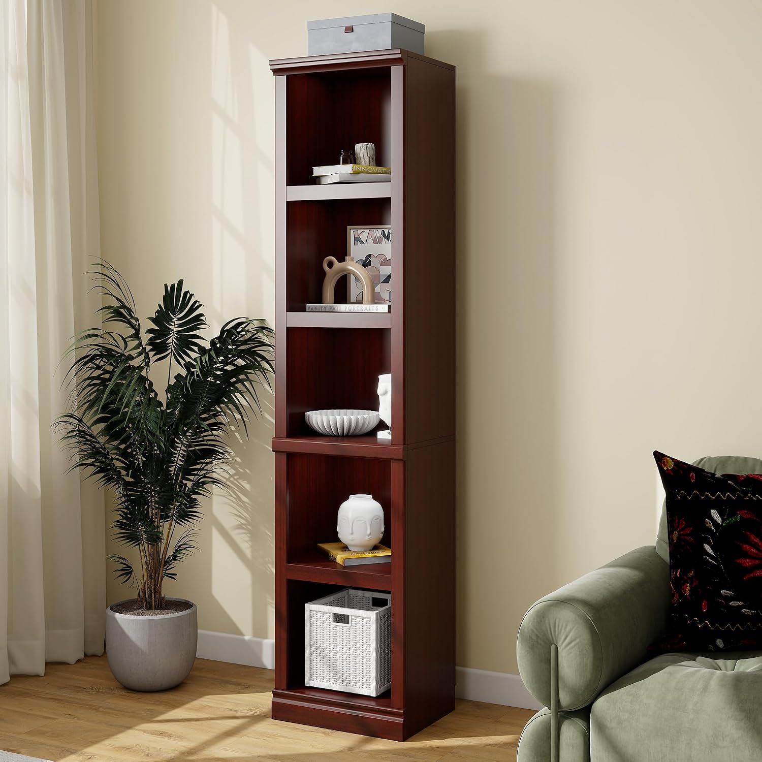 70" Tall Mahogany Bookcase, 5 Tiers Narrow Bookshelf for Living Room | 15" Wide Book shelf, Book Case for Hallway Kitchen Home Office Bathroom, Open Storage Organizer with Adjustable Shelf