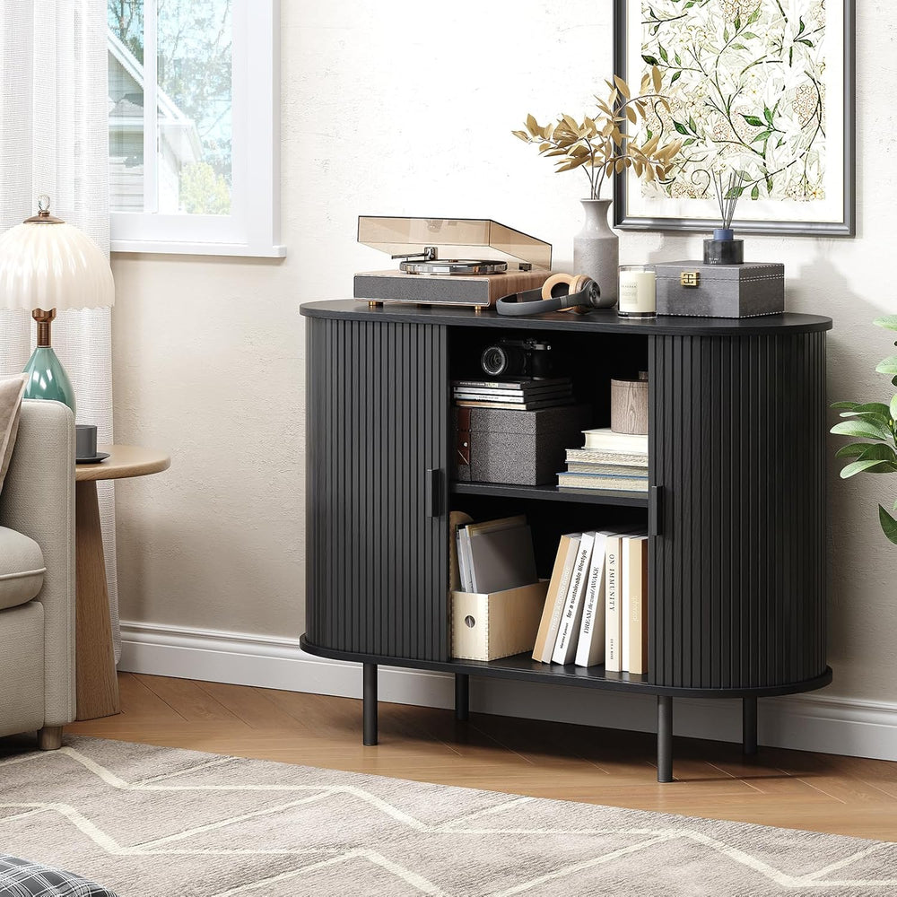 Buffet Cabinet with Storage, Fluted Sideboard Buffet with Sliding Door, Coffe...