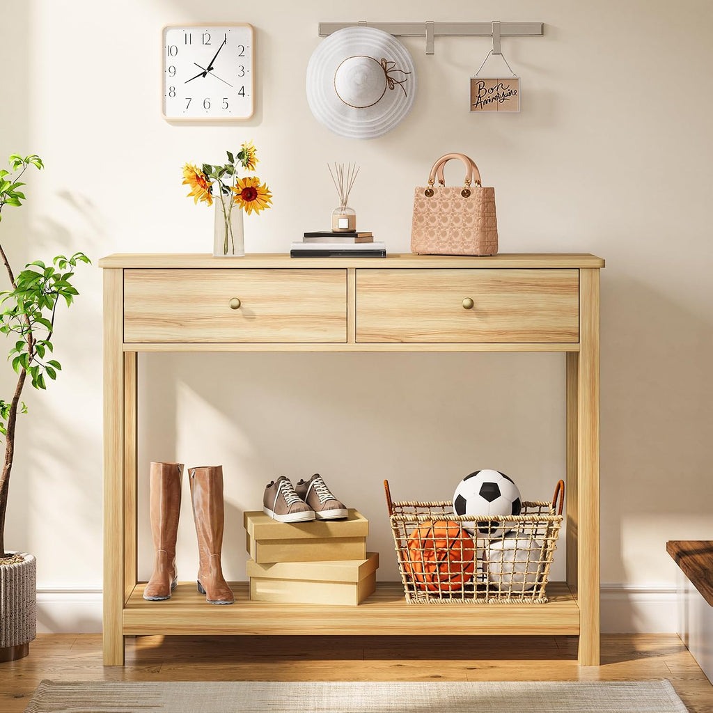 Gizoon 2 Drawer Console Table, Oak Color | 2-Tier Wood Entryway Table with Storage Shelves, 39" W Wood Accent Sofa Table for Front Hall, Hallway, Living Room