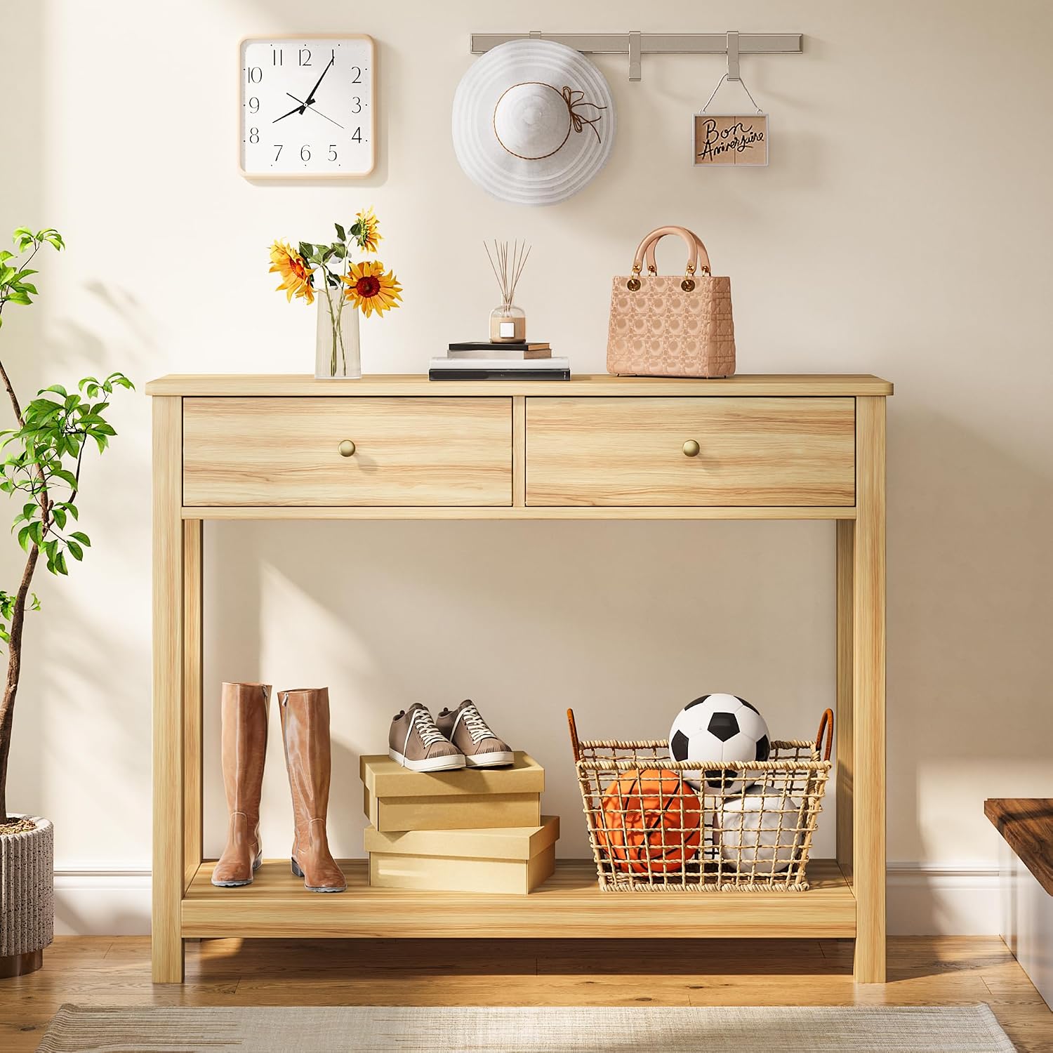Gizoon 2 Drawer Console Table, Oak Color | 2-Tier Wood Entryway Table with Storage Shelves, 39" W Wood Accent Sofa Table for Front Hall, Hallway, Living Room