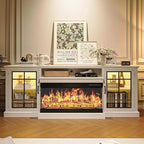 MXV 80'' Fireplace TV Stand, Farmhouse Entertainment Center with 3 Sided Glass TV Stand, Modern Media Console Table with Storage Drawers & Cabinets with LED Flame and Lights for Living Room, White